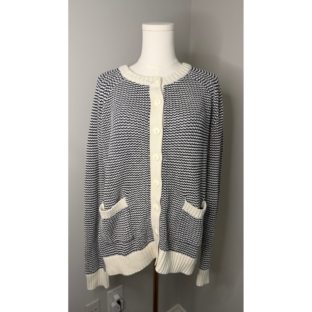 Gap XL Chunky Knit Cardigan Navy Cream 100% Cotton Button Front Coastal Preppy